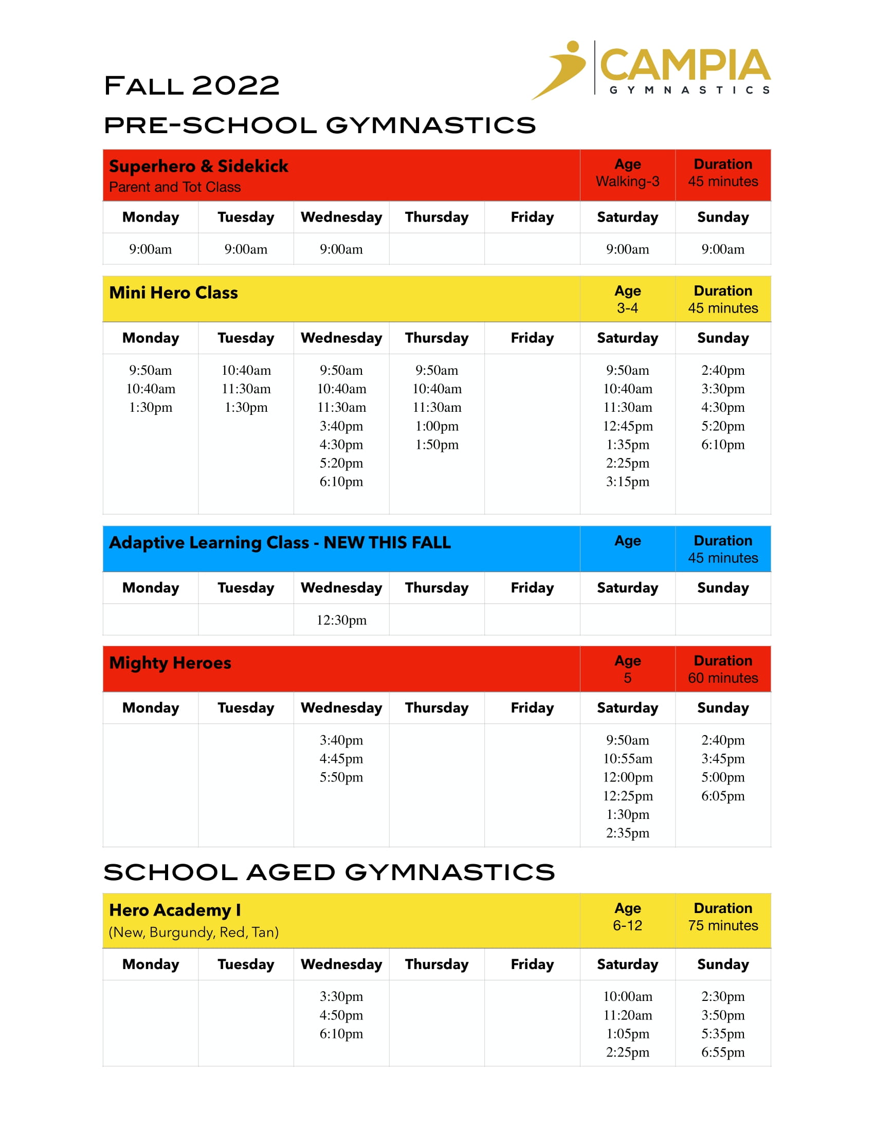 Fall 2022 Recreational Class Schedule Campia Gymnastics Club Inc 